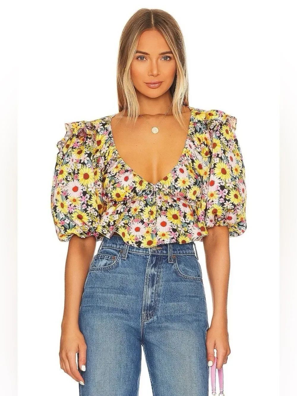 For Love & Lemons Women's Glenn Floral Puff Sleeve Top Size XS